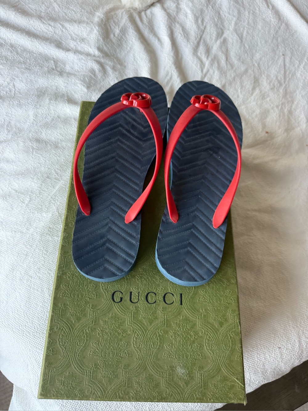 Gucci Navy Footbed with Red Strap Logo Flip Flops